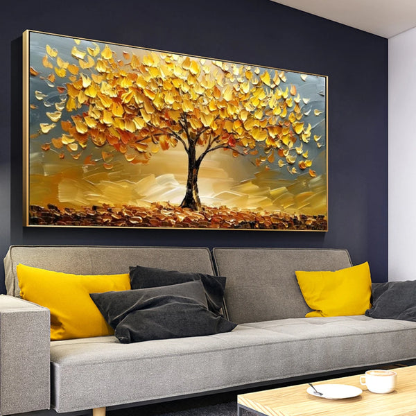 Abstract Golden Tree Prints Oil Painting on Canvas Yellow Life Tree Wall Art Modern Lucky Money Tree Canvas Poster Home Decor